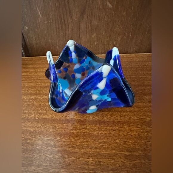 Handcrafted Blue Glass Candle Holder handkerchief style - Picture 1 of 5